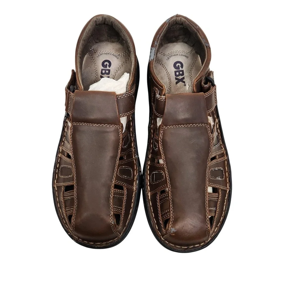 GBX Boardwalk Sandals Mens 12W Brown Fisherman Hook Loop Slip On Leather Lining